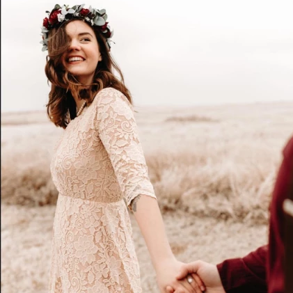 Detail of the Ondine blush gown three-quarter lace sleeve and elasticated waist