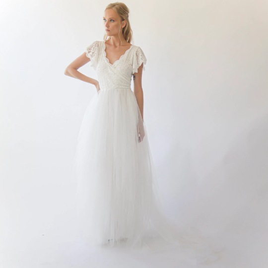 Seraphine blush lace gown tulle train detail