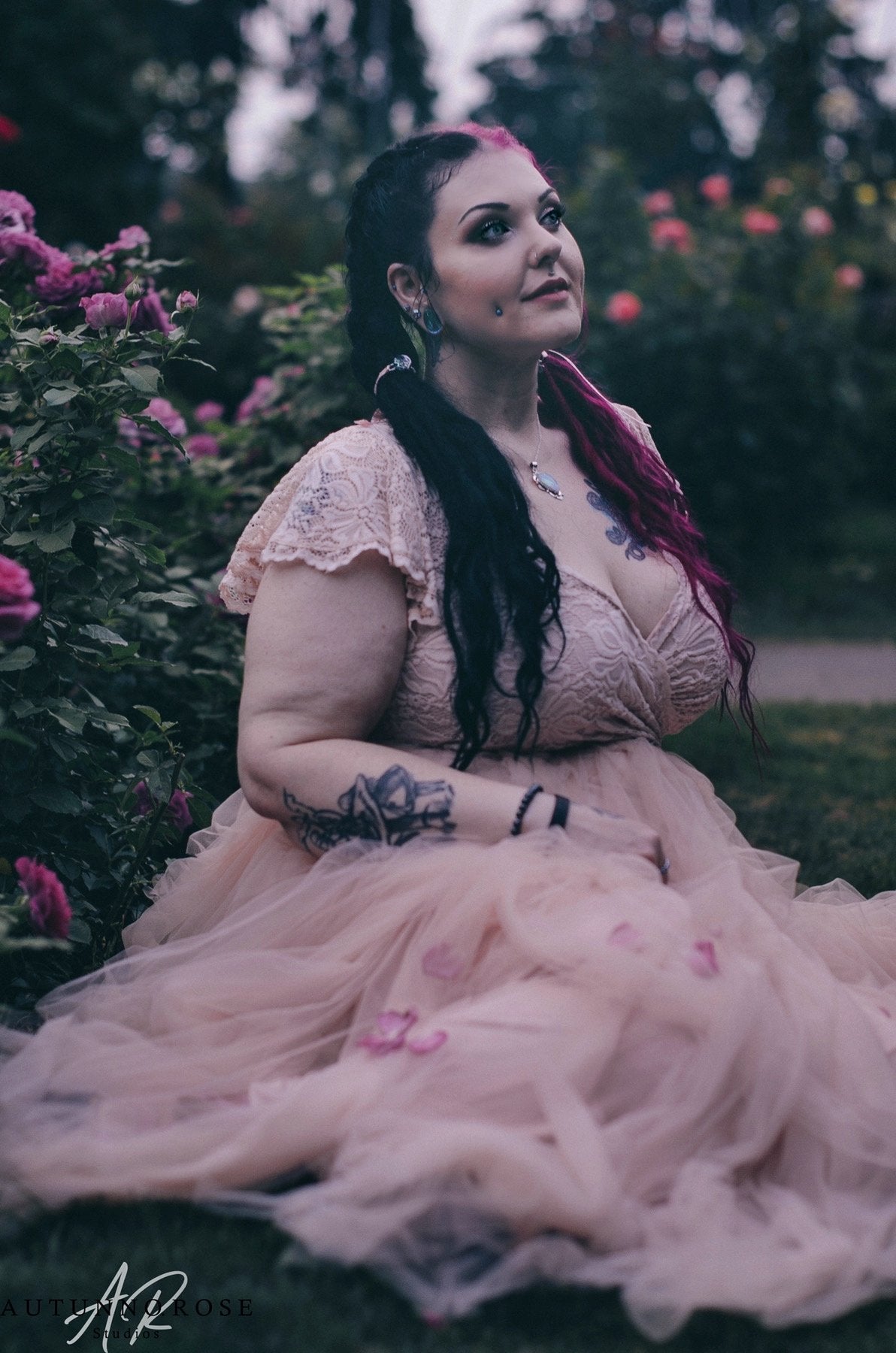 Seraphine blush lace wrap gown with cathedral train, additional view