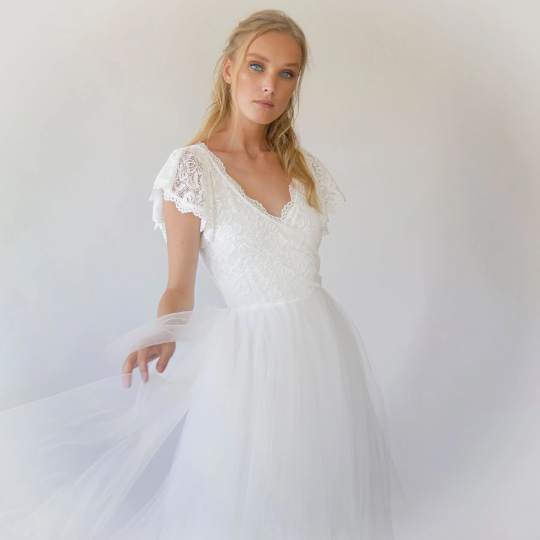 Seraphine blush lace wrap gown, side view