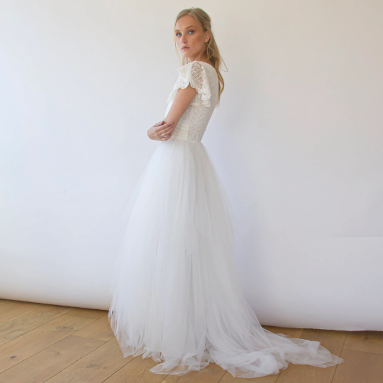 Seraphine blush lace wrap gown, full length with train