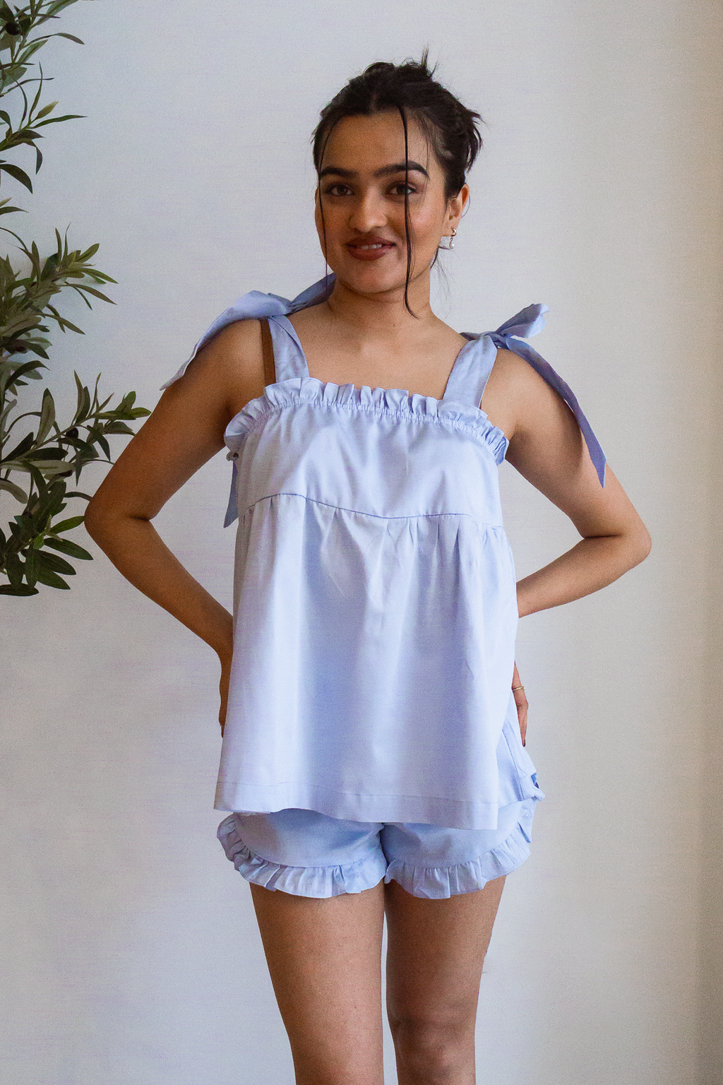 Bow Knot Pajama Set in light blue cotton with tie straps and ruffle shorts