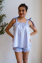 Bow Knot Pajama Set in light blue cotton with tie straps and ruffle shorts