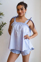 Bow Knot Pajama Set in light blue cotton with tie straps and ruffle shorts