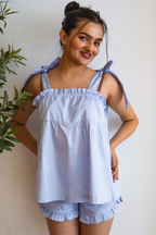 Bow Knot Pajama Set in light blue cotton with tie straps and ruffle shorts