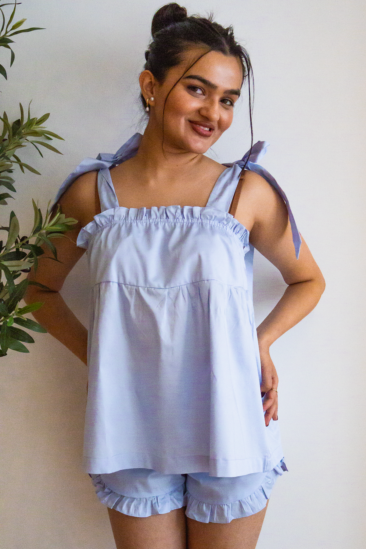 Bow Knot Pajama Set in light blue cotton with tie straps and ruffle shorts