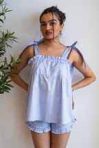 Bow Knot Pajama Set in light blue cotton with tie straps and ruffle shorts