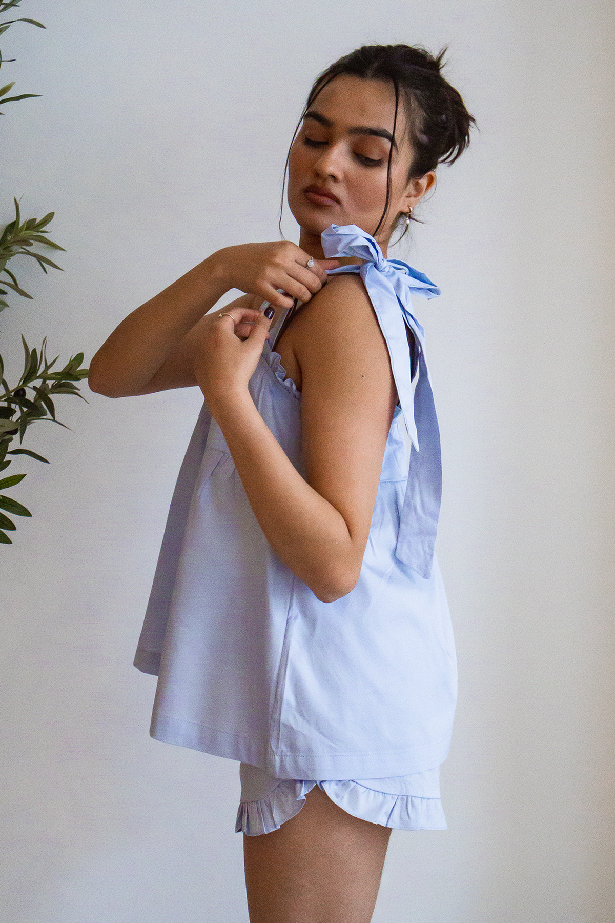 Bow Knot Pajama Set in light blue cotton with tie straps and ruffle shorts