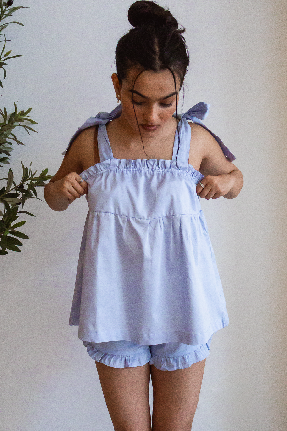Bow Knot Pajama Set in light blue cotton with tie straps and ruffle shorts