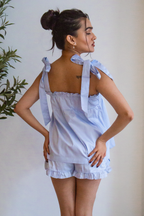Bow Knot Pajama Set in light blue cotton with tie straps and ruffle shorts