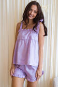 Bow Knot Pajama Set in lilac cotton with tie straps and ruffle shorts
