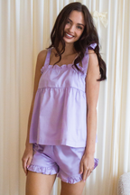 Bow Knot Pajama Set in lilac cotton with tie straps and ruffle shorts