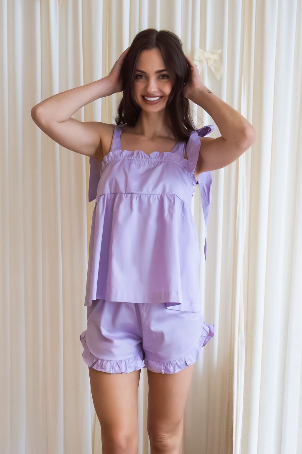 Bow Knot Pajama Set in lilac cotton with tie straps and ruffle shorts