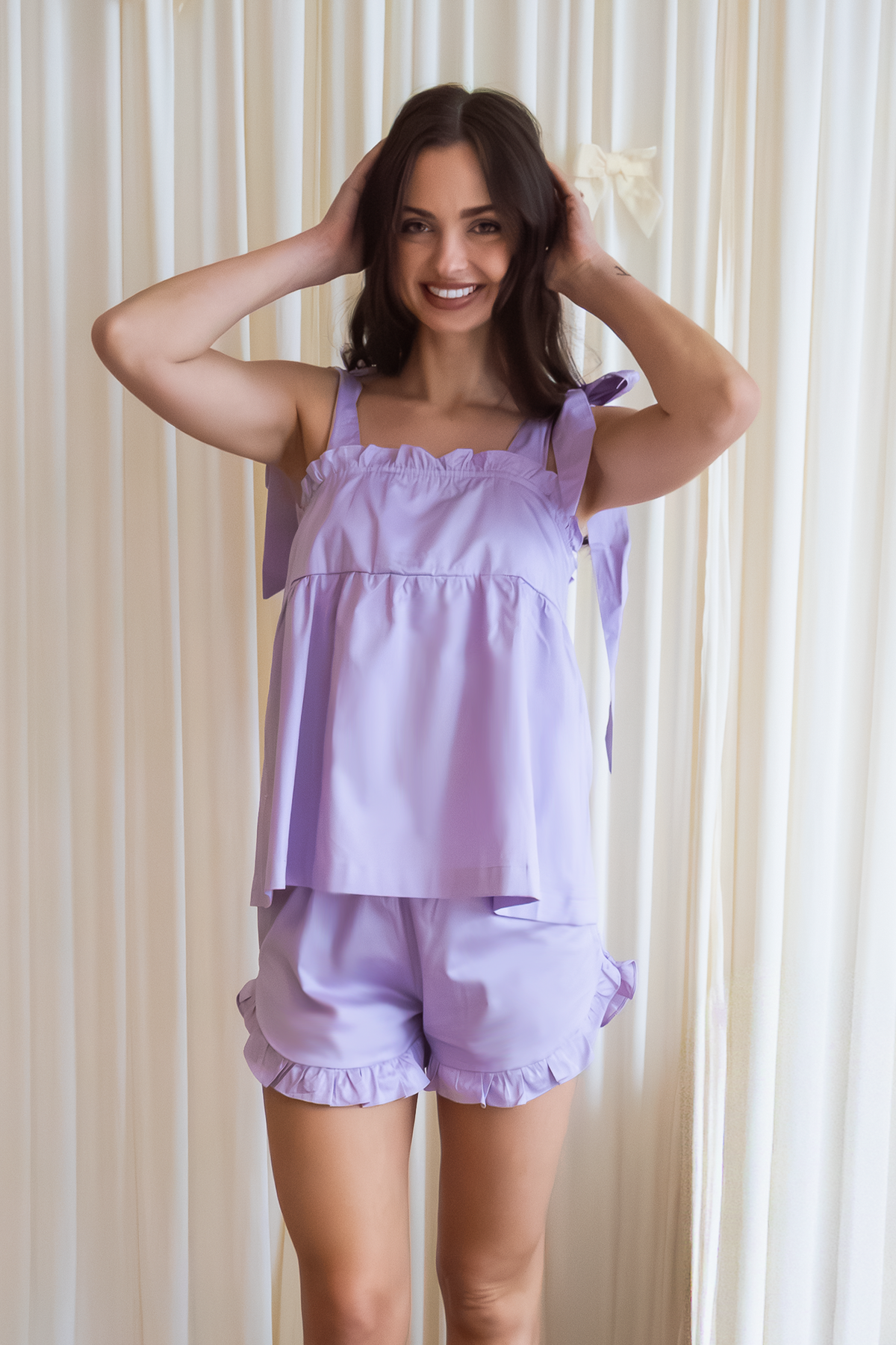 Bow Knot Pajama Set in lilac cotton with tie straps and ruffle shorts