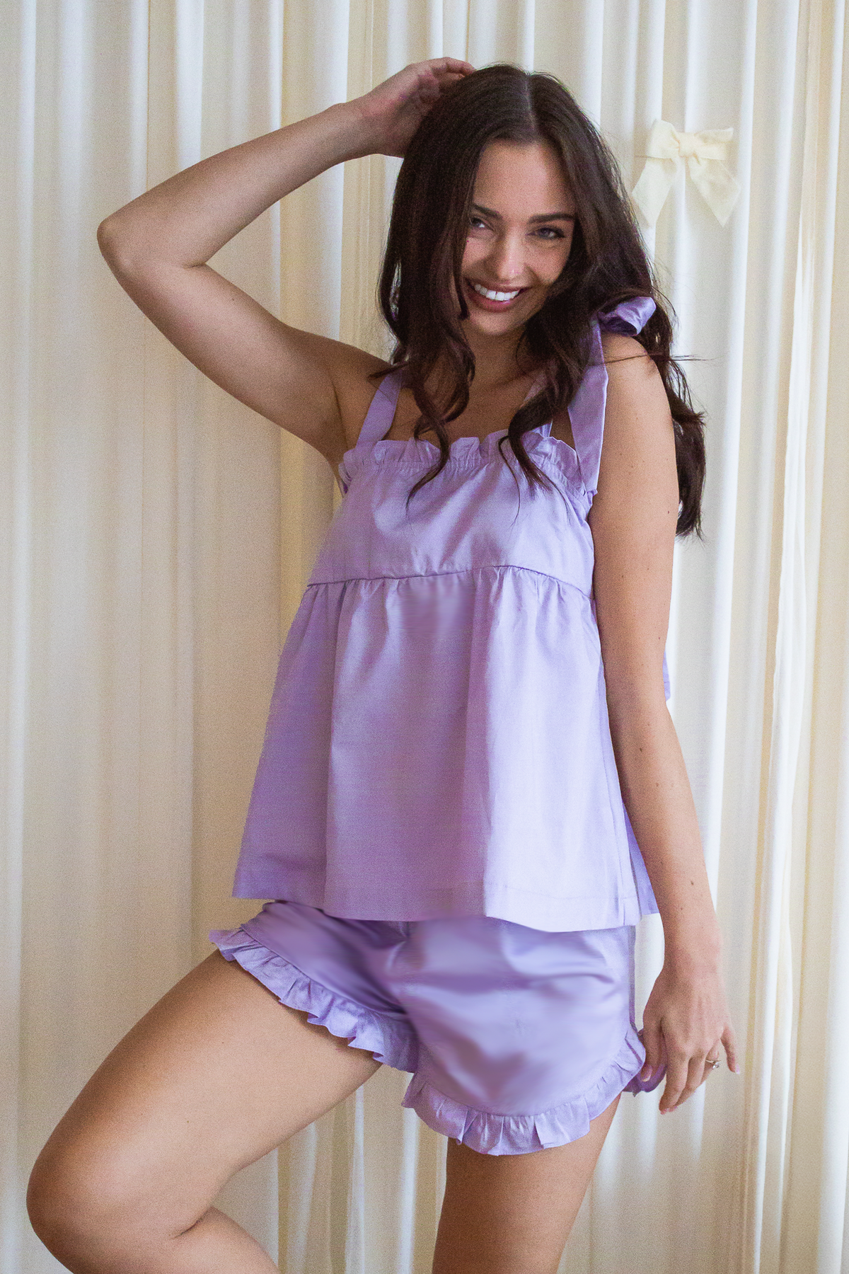 Bow Knot Pajama Set in lilac cotton with tie straps and ruffle shorts