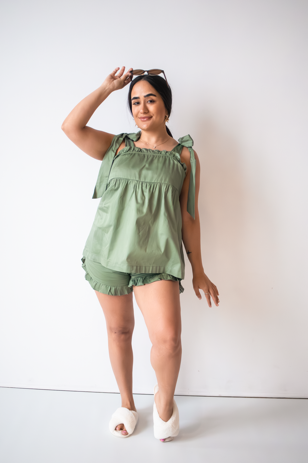 Bow Knot Pajama Set in sage green cotton with tie straps and ruffle shorts