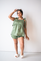 Bow Knot Pajama Set in sage green cotton with tie straps and ruffle shorts