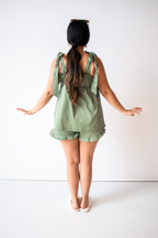 Bow Knot Pajama Set in sage green cotton with tie straps and ruffle shorts