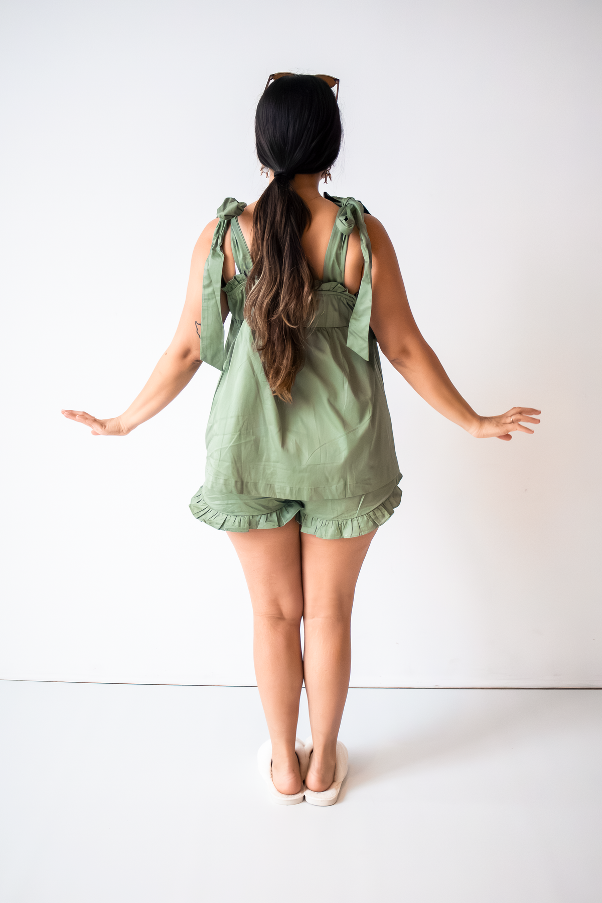 Bow Knot Pajama Set in sage green cotton with tie straps and ruffle shorts