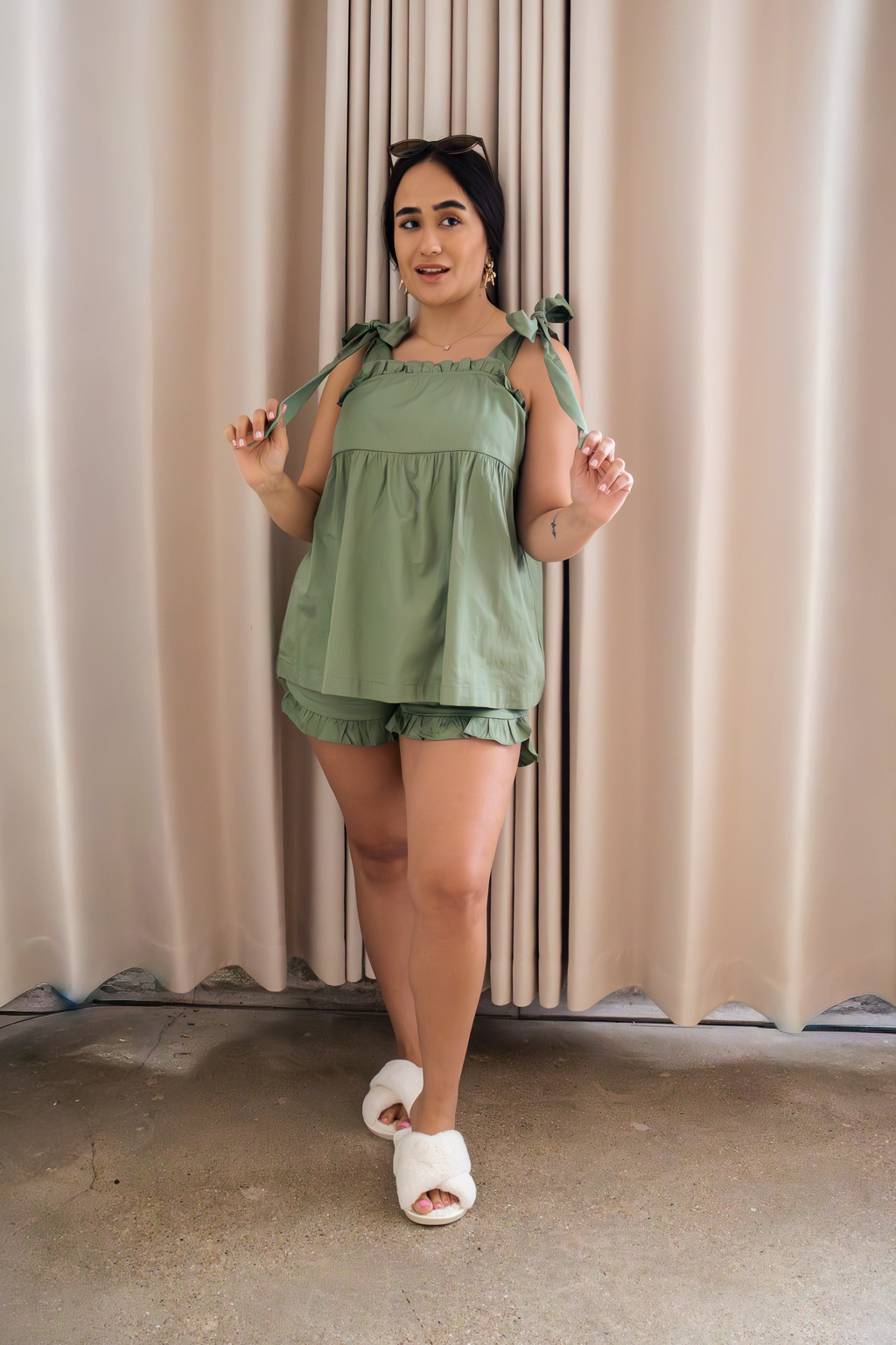 Bow Knot Pajama Set in sage green cotton with tie straps and ruffle shorts