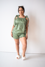Bow Knot Pajama Set in sage green cotton with tie straps and ruffle shorts