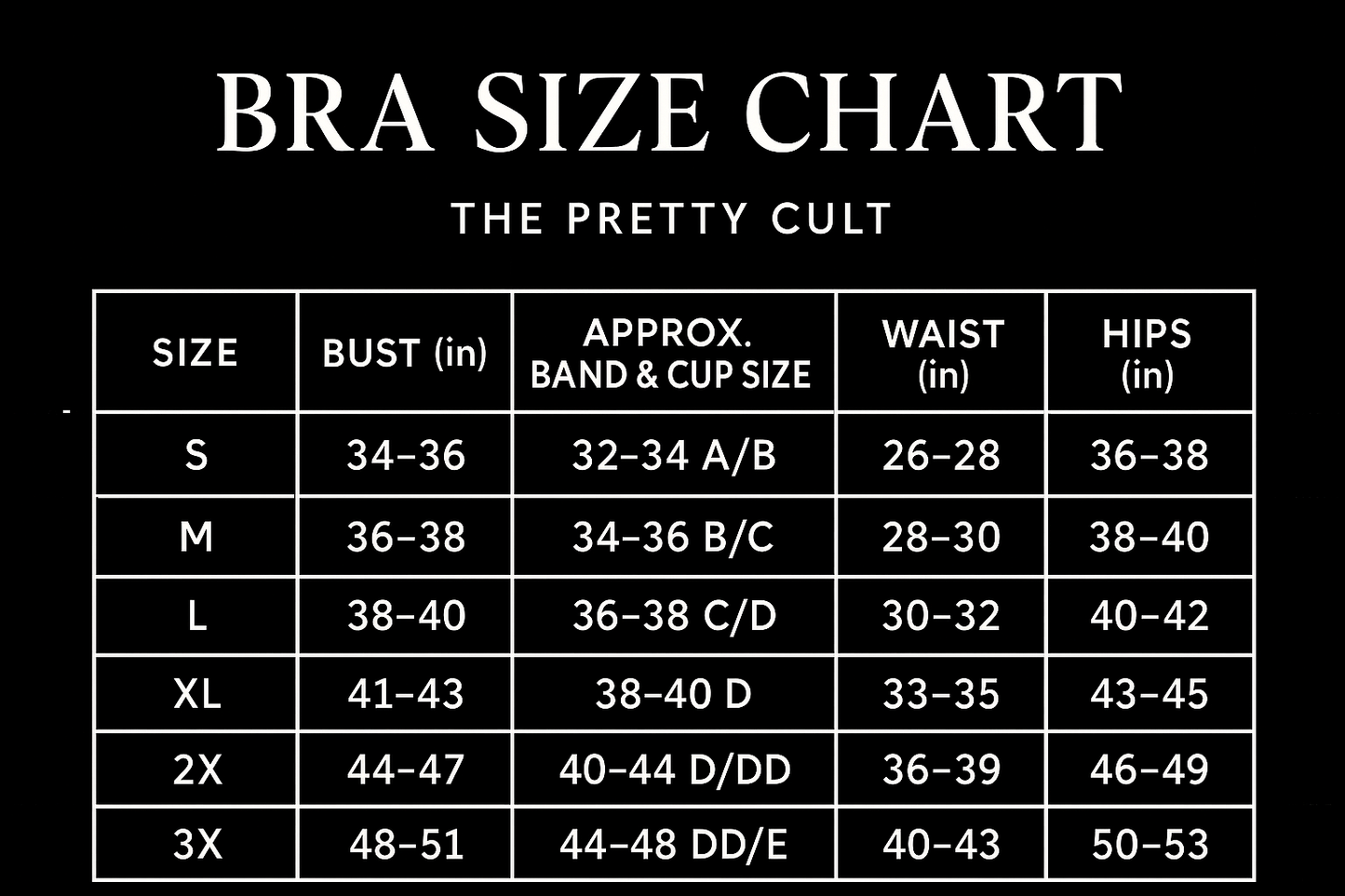 Bralette size chart, sizes S through 3X