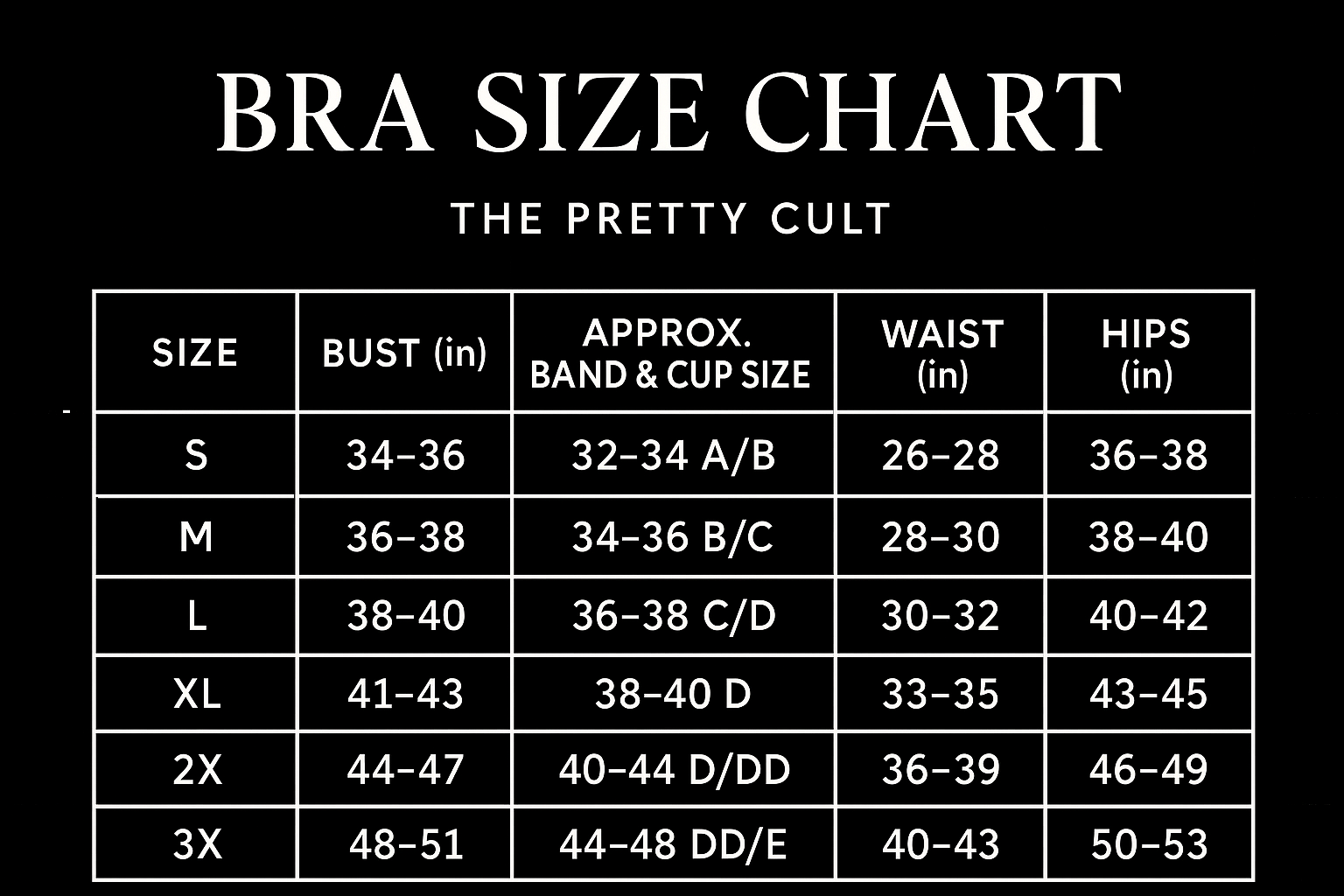 Bralette size chart, sizes S through 3X