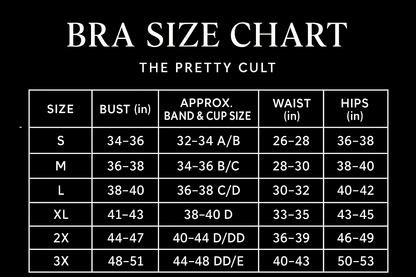 Bralette size chart, sizes S through 3X