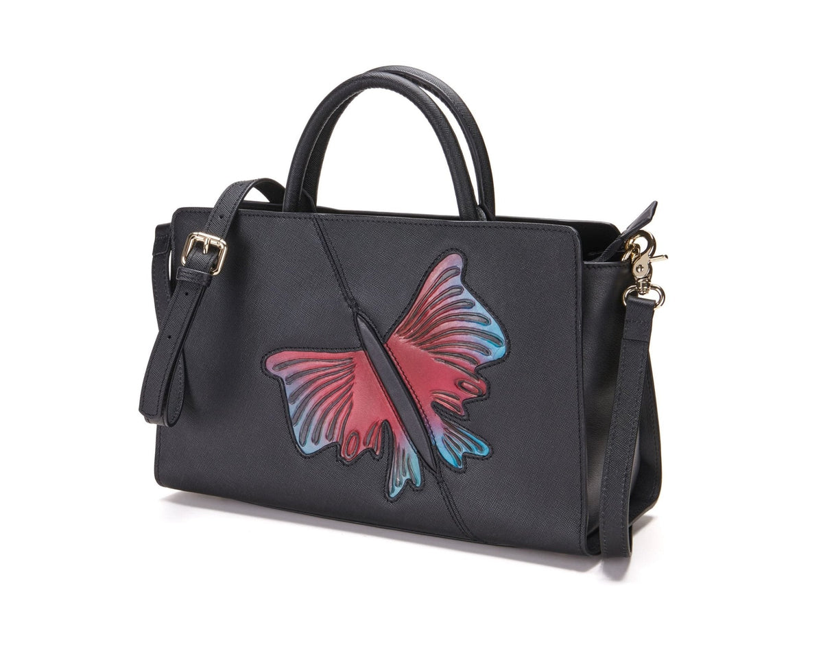 Butterfly black leather satchel, another view, by Pinup Girl Clothing