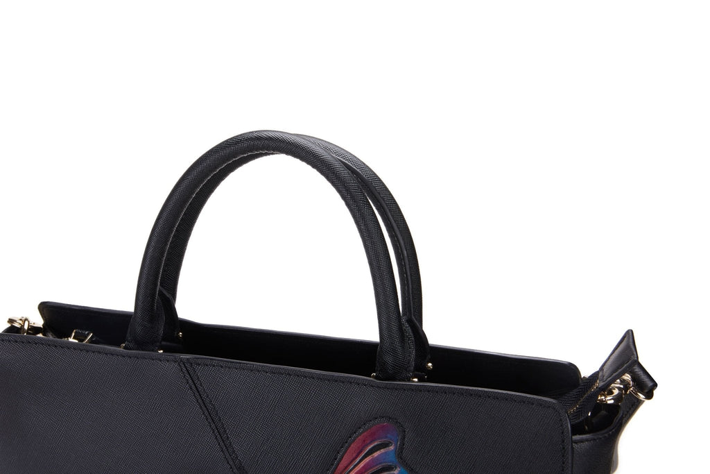 Butterfly black leather satchel, another view, by Pinup Girl Clothing