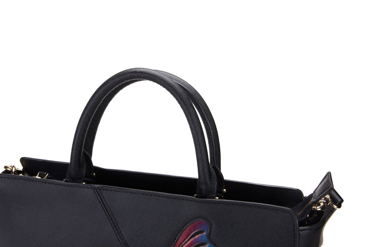 Butterfly black leather satchel, another view, by Pinup Girl Clothing