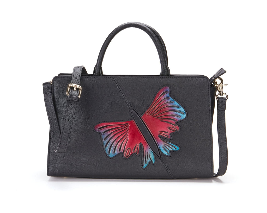 Butterfly black leather satchel, another view, by Pinup Girl Clothing