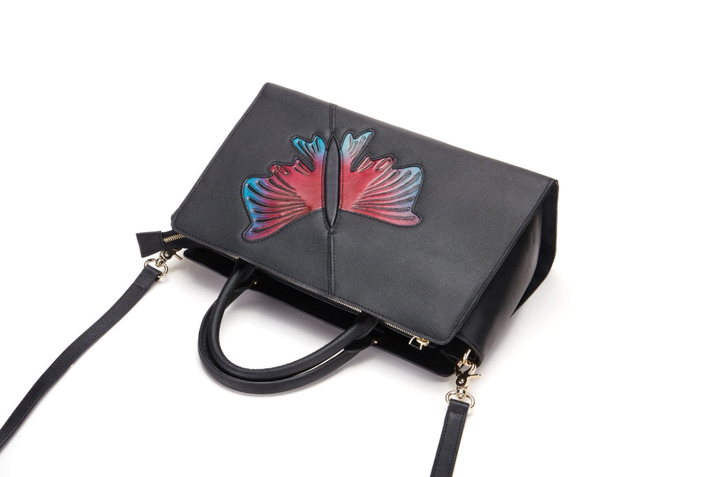 Butterfly black leather satchel, another view, by Pinup Girl Clothing