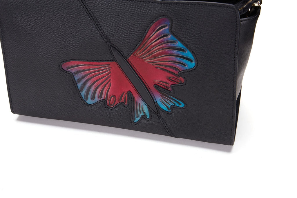 Butterfly black leather satchel, another view, by Pinup Girl Clothing