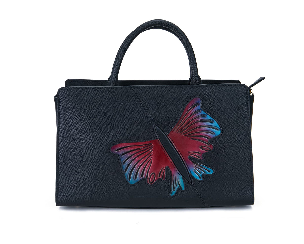 Butterfly black leather satchel with a hand painted butterfly by Pinup Girl Clothing