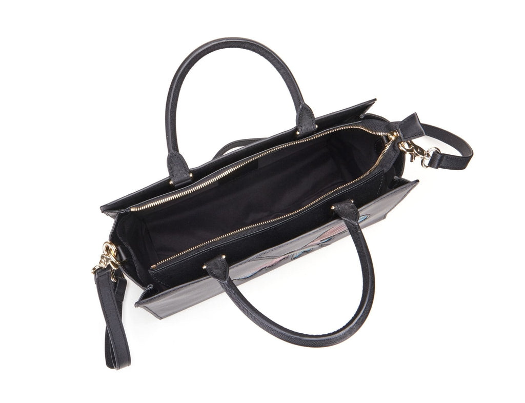 Butterfly black leather satchel, another view, by Pinup Girl Clothing