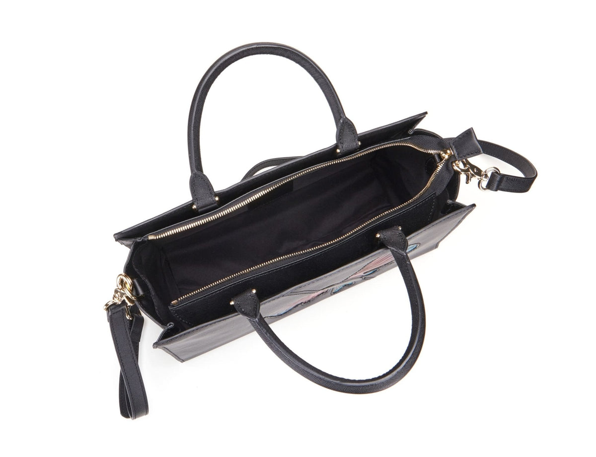 Butterfly black leather satchel, another view, by Pinup Girl Clothing