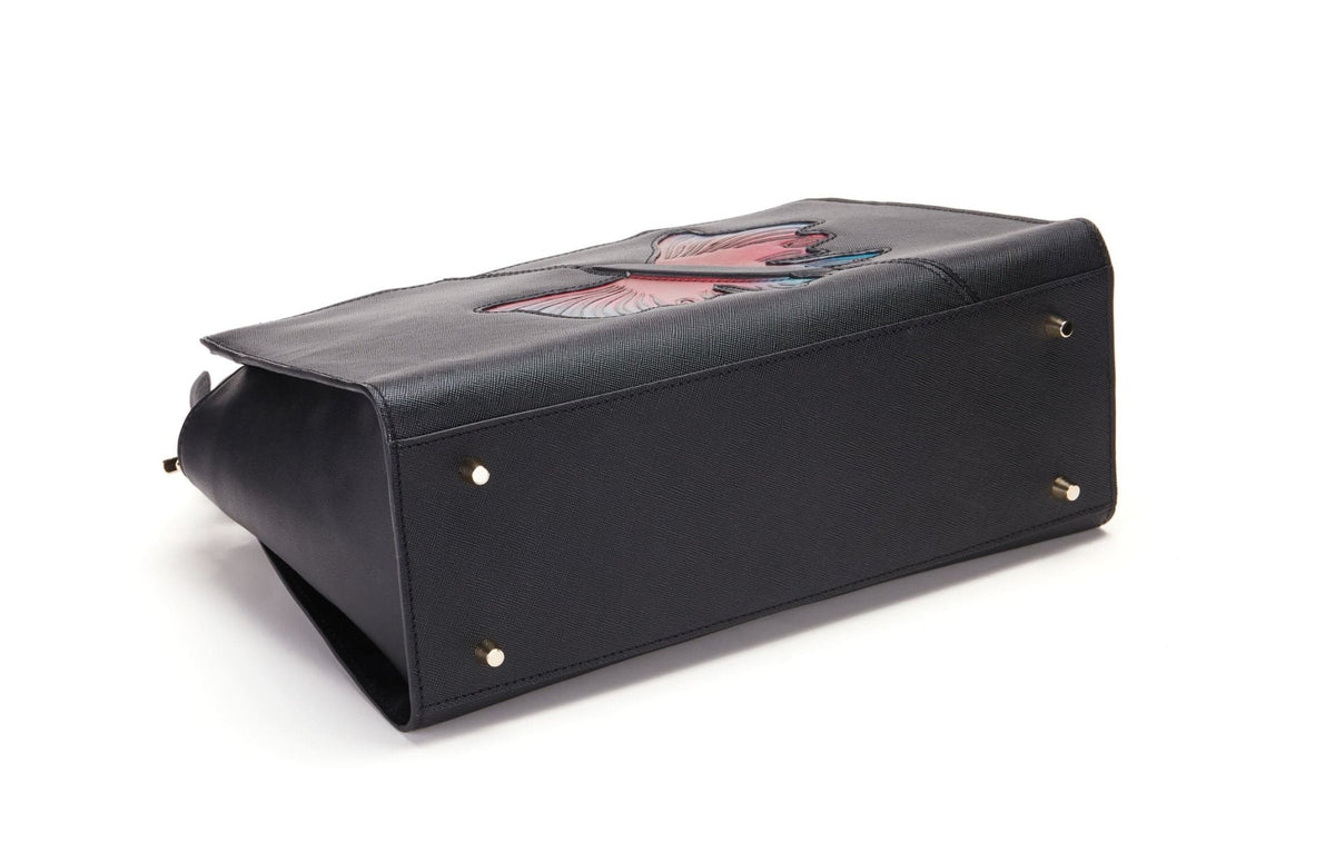 Butterfly black leather satchel, another view, by Pinup Girl Clothing