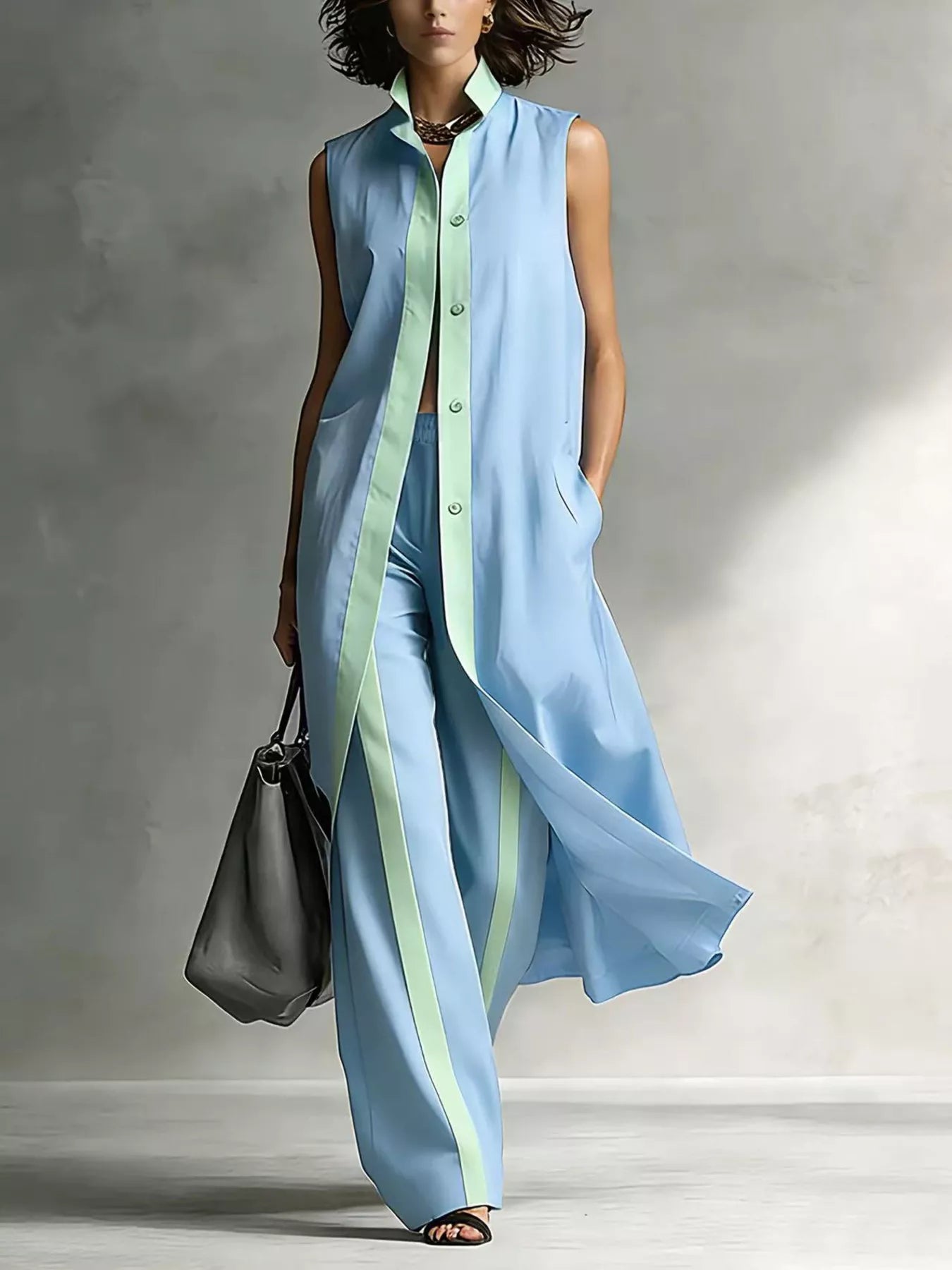 Colette Longline Vest and Wide-Leg Pants Set in Sky Blue by Pinup Girl Clothing