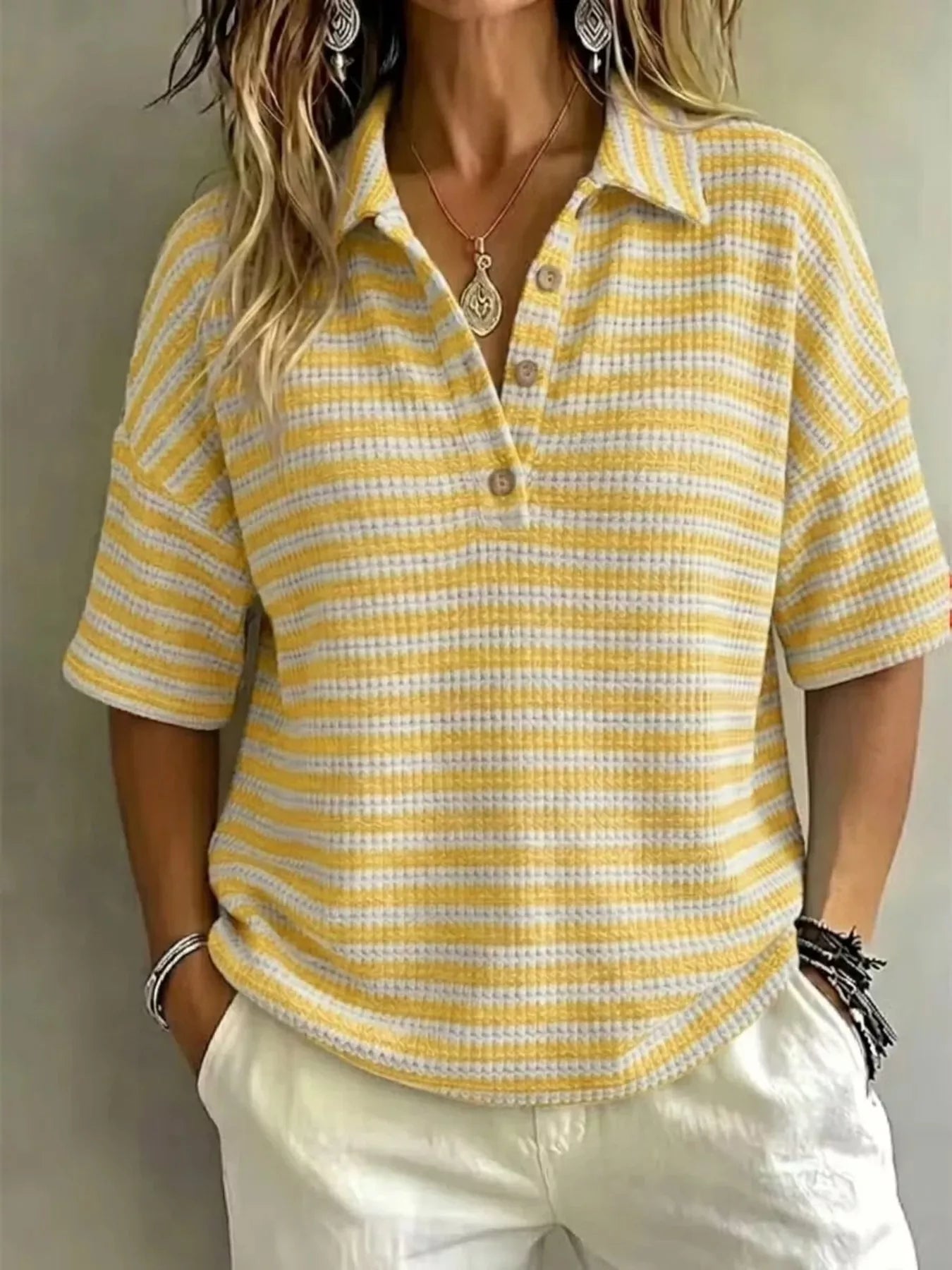 Marion Striped Knit Polo in Yellow by Pinup Girl Clothing