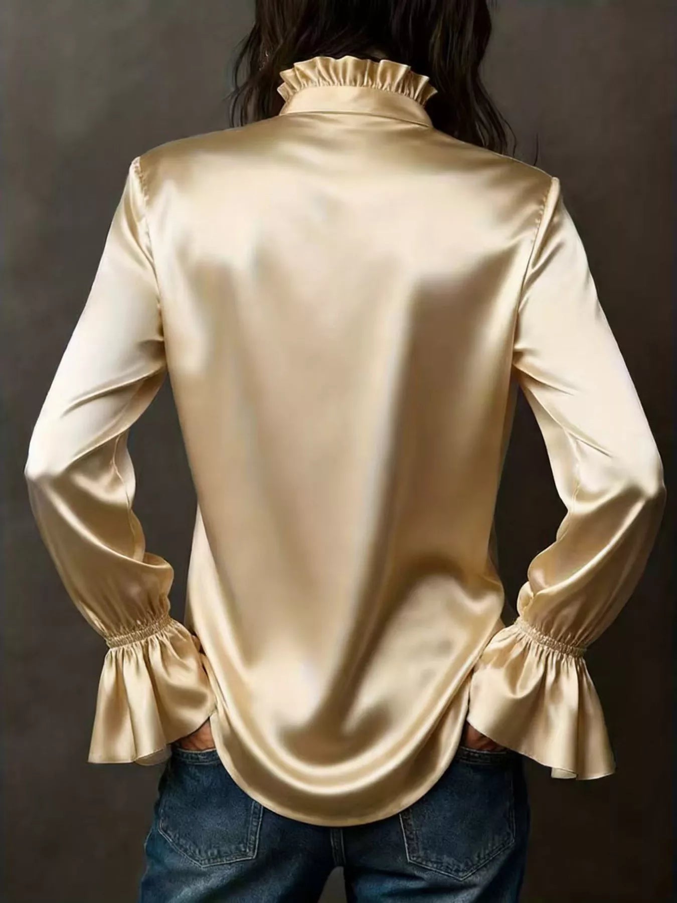 Champagne Belle flounce-sleeve blouse by Pinup Girl Clothing, sizes XS to 4X.