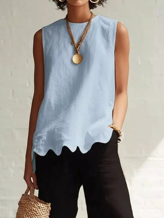 Odile scalloped hem sleeveless blouse in sky blue by Pinup Girl Clothing
