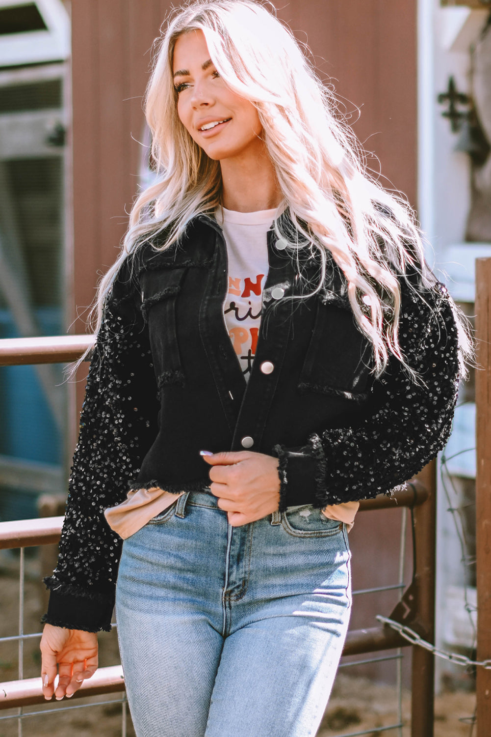 Rare Tour Sequin Sleeve Raw Hem Denim Jacket