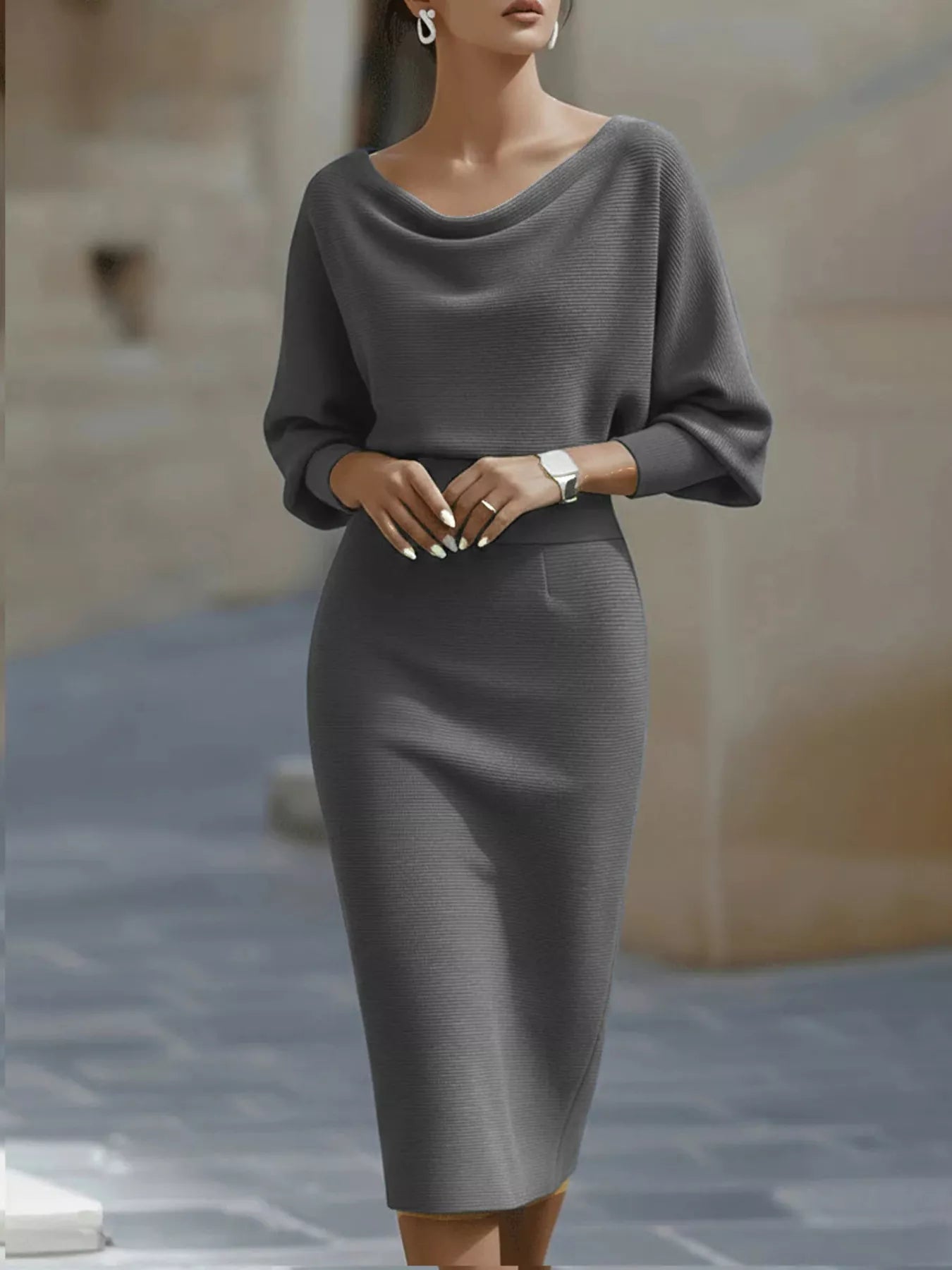 Model in the Silver Screen cowl-neck knit bodycon dress in gray, by Pinup Girl Clothing