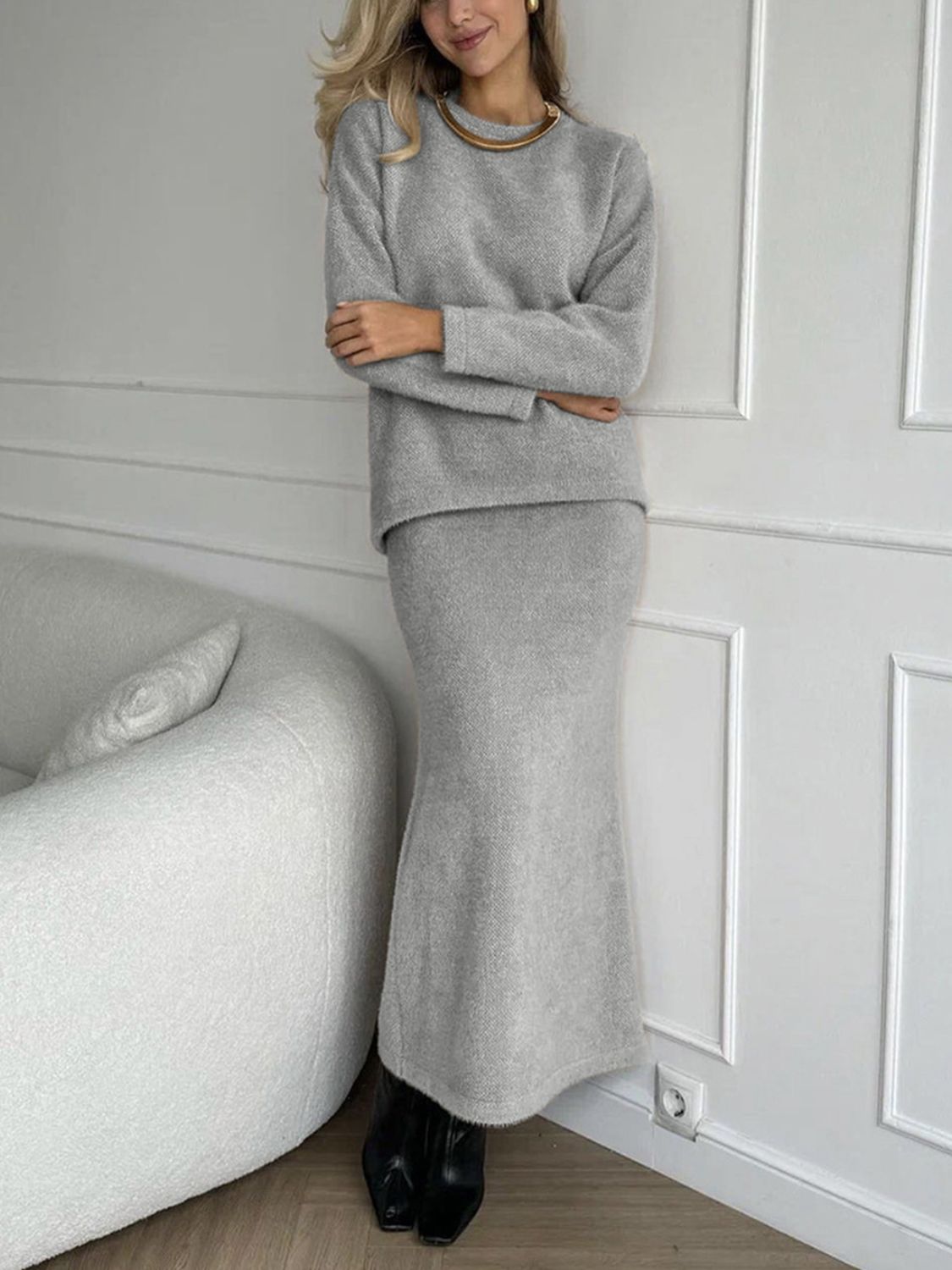 Mia Round Neck Dropped Shoulder Top and Midi Skirt Knit Set | 5 Colors