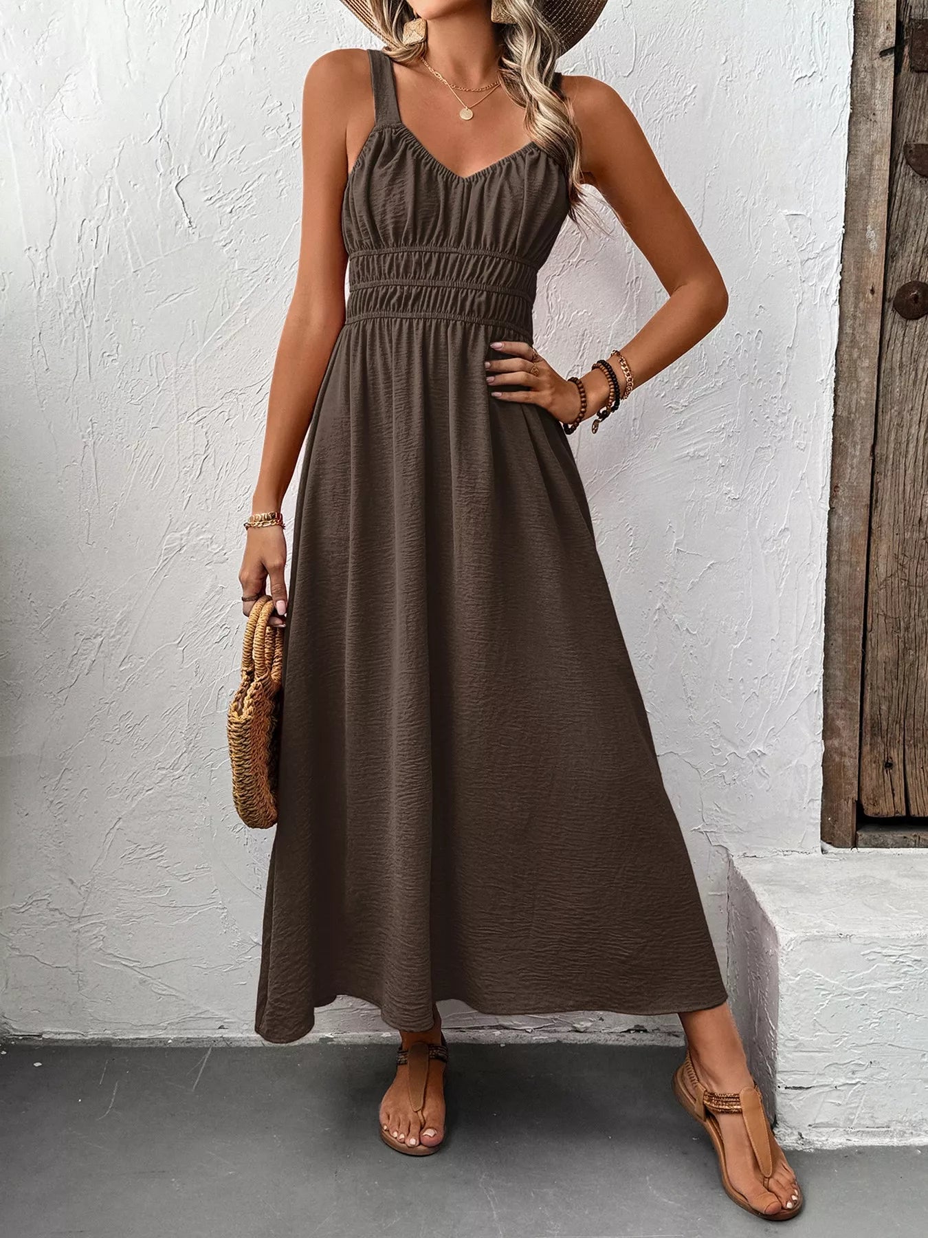 Smocked sundress midi in coffee brown by Pinup Girl Clothing.