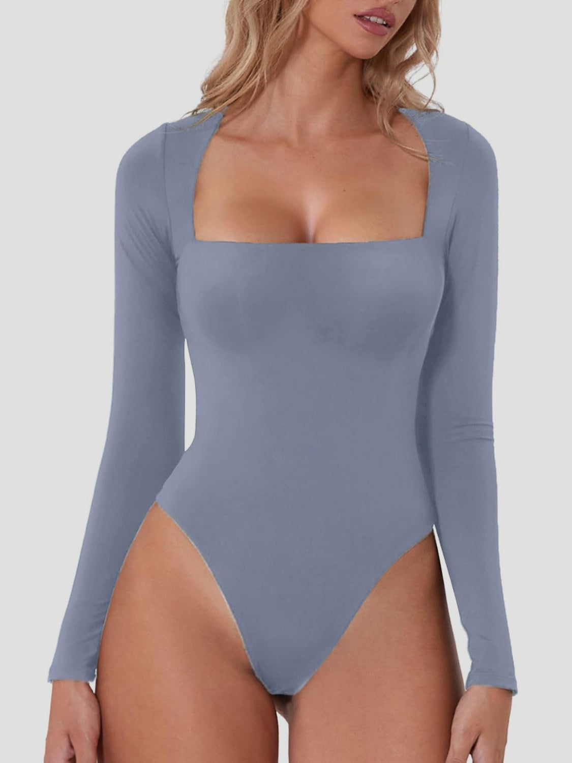 Everyway square-neck long-sleeve bodysuit in light blue by Pinup Girl Clothing.