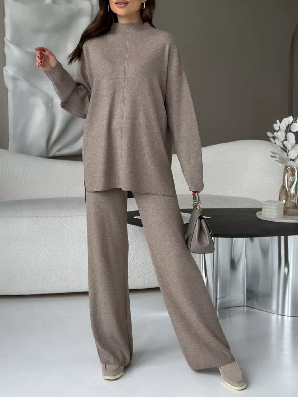 Gabriella Slit Mock Neck Top and Pants Sweater Set | 4 Colors