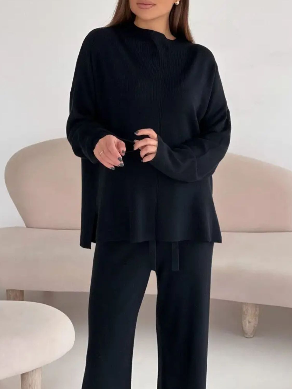 Gabriella Slit Mock Neck Top and Pants Sweater Set | 4 Colors