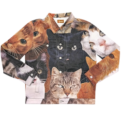 Cat Wrangler Denim Jacket laid flat, denim printed with a photo collage of cat faces: a black cat, tabbies and orange cats